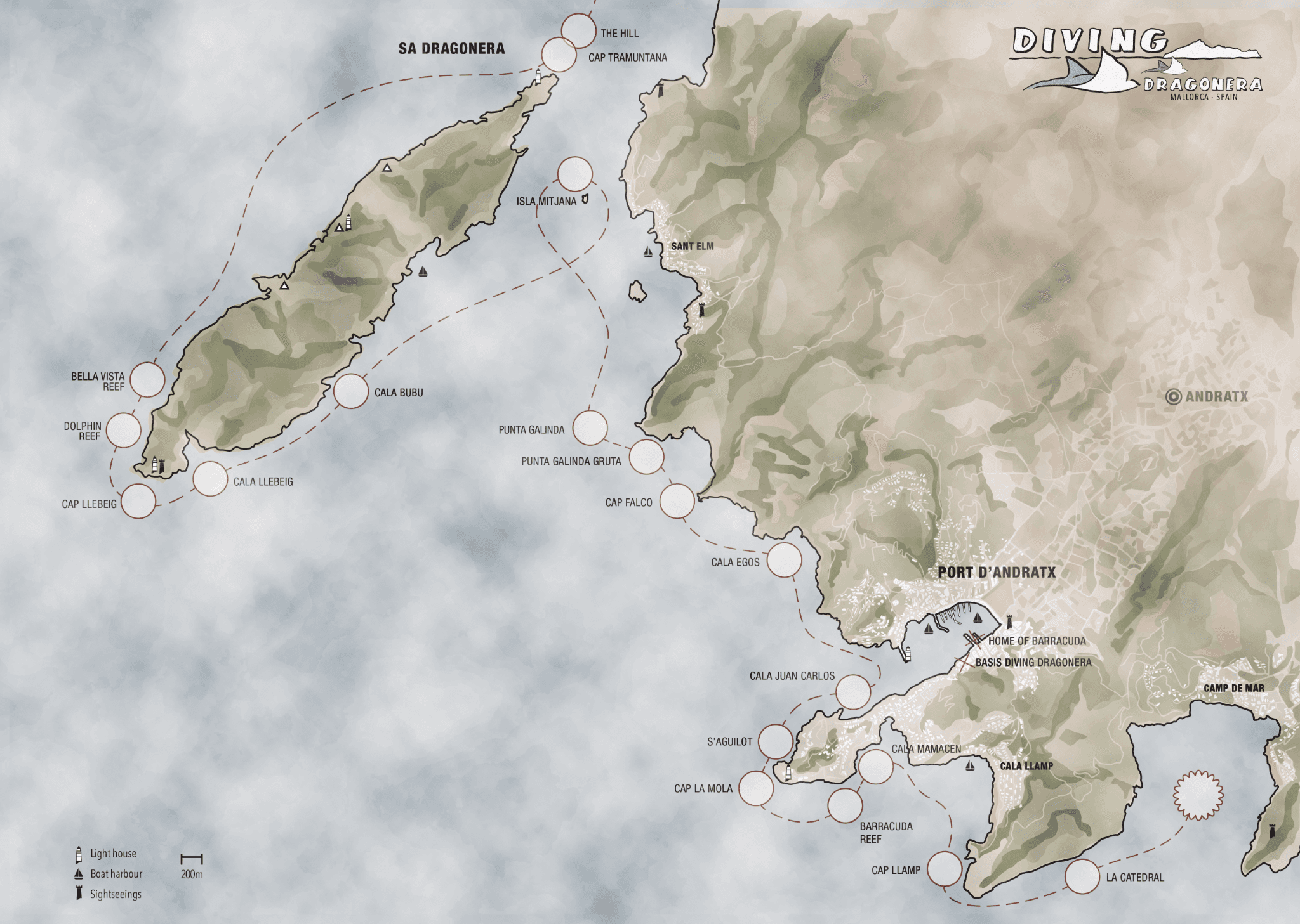 Karte der Tauchspots im Meeresschutzgebiet Dragonera und vor Port d'Andratx